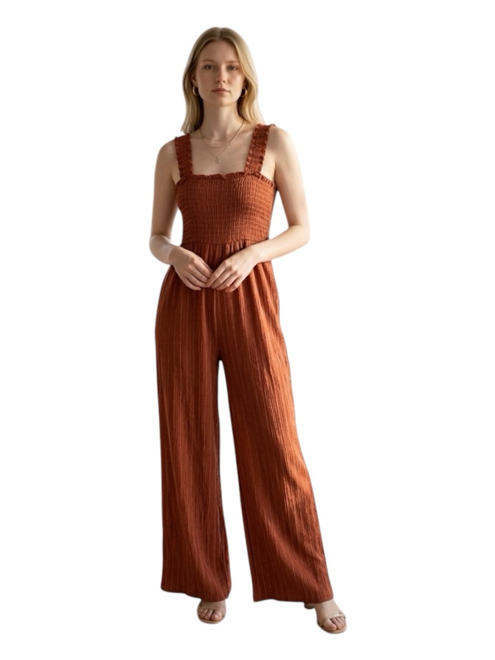 Woman’s Roxy Rust Toned Smocked Strap Jumpsuit with pockets